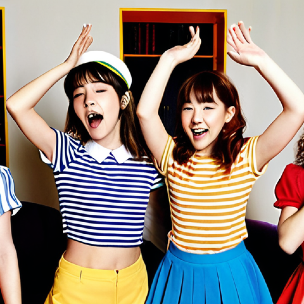 **

"A group of young French girls, dressed in brightly colored magical girl outfits reminiscent of Secret Jouju but with a distinctly Parisian fashion flair (think berets and striped shirts subtly incorporated), are singing and dancing in a playfully decorated living room. The scene is joyful and energetic, capturing the essence of a spontaneous after-school concert. In the background, posters of popular French singers and K-pop groups blend together, highlighting the fusion of musical styles."

**
