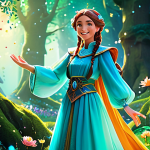 A charming animated fantasy heroine, inspired by Jouju, with expressive eyes and a radiant smile, wearing a modest, flowing magical outfit in vibrant pastel colors. She stands in a breathtaking, enchanted forest, where ancient trees shimmer with bioluminescent leaves and delicate, sparkling flowers bloom. The scene is filled with dazzling light and rich, detailed textures, capturing a sense of wonder and magic. High-quality animation style, volumetric lighting, perfect anatomy, correct proportions, natural pose, well-formed hands, proper finger count. safe for work, appropriate content, fully clothed, family-friendly, professional photography, cinematic composition.
