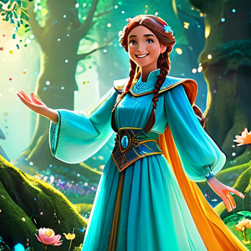 Home 6 A charming animated fantasy heroine, inspired by Jouju, with expressive eyes and a radiant smile, wearing a modest, flowing magical outfit in vibrant pastel colors. She stands in a breathtaking, enchanted forest, where ancient trees shimmer with bioluminescent leaves and delicate, sparkling flowers bloom. The scene is filled with dazzling light and rich, detailed textures, capturing a sense of wonder and magic. High-quality animation style, volumetric lighting, perfect anatomy, correct proportions, natural pose, well-formed hands, proper finger count. safe for work, appropriate content, fully clothed, family-friendly, professional photography, cinematic composition.