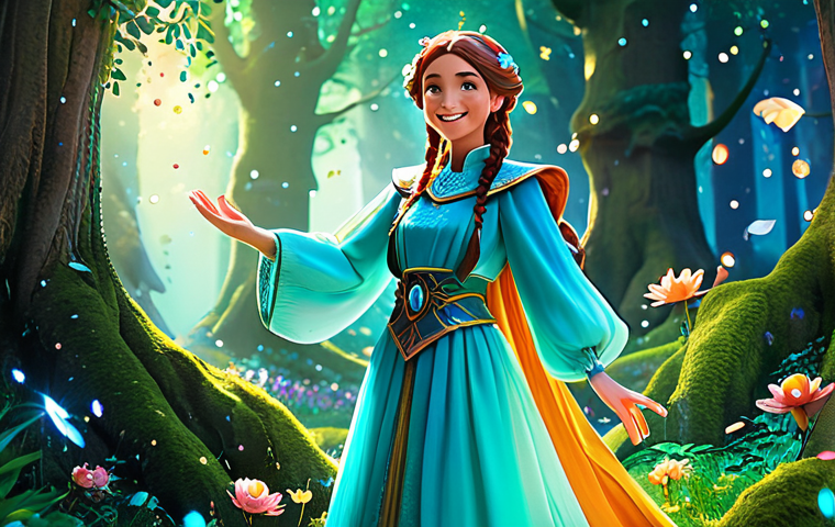 A charming animated fantasy heroine, inspired by Jouju, with expressive eyes and a radiant smile, wearing a modest, flowing magical outfit in vibrant pastel colors. She stands in a breathtaking, enchanted forest, where ancient trees shimmer with bioluminescent leaves and delicate, sparkling flowers bloom. The scene is filled with dazzling light and rich, detailed textures, capturing a sense of wonder and magic. High-quality animation style, volumetric lighting, perfect anatomy, correct proportions, natural pose, well-formed hands, proper finger count. safe for work, appropriate content, fully clothed, family-friendly, professional photography, cinematic composition.