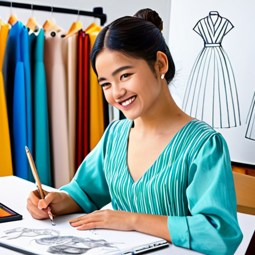 Jouju - The Optimistic Creator**

"A vibrant, fully clothed young woman with a radiant smile, representing Jouju, is sketching fashion designs in a brightly lit, modern atelier. She wears a stylish but modest dress appropriate for a professional artist. The scene is filled with colorful fabrics, design sketches, and art supplies. Perfect anatomy, natural proportions, well-formed hands, proper finger count, safe for work, appropriate content, fully clothed, professional, family-friendly."

**