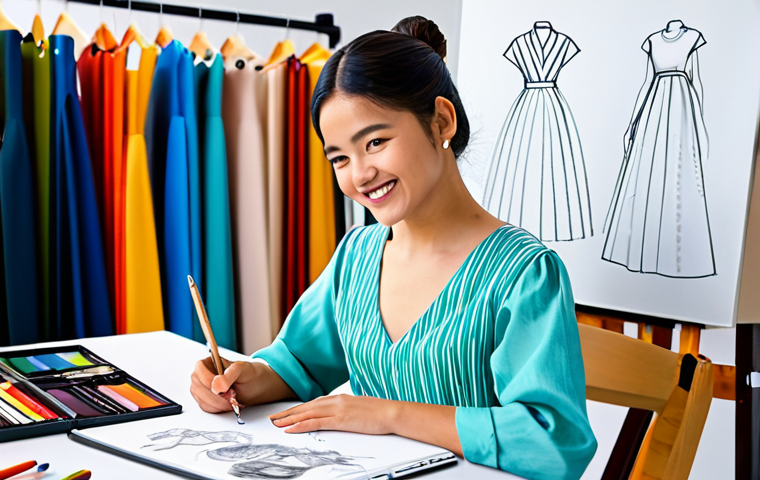 Jouju - The Optimistic Creator**

"A vibrant, fully clothed young woman with a radiant smile, representing Jouju, is sketching fashion designs in a brightly lit, modern atelier. She wears a stylish but modest dress appropriate for a professional artist. The scene is filled with colorful fabrics, design sketches, and art supplies. Perfect anatomy, natural proportions, well-formed hands, proper finger count, safe for work, appropriate content, fully clothed, professional, family-friendly."

**