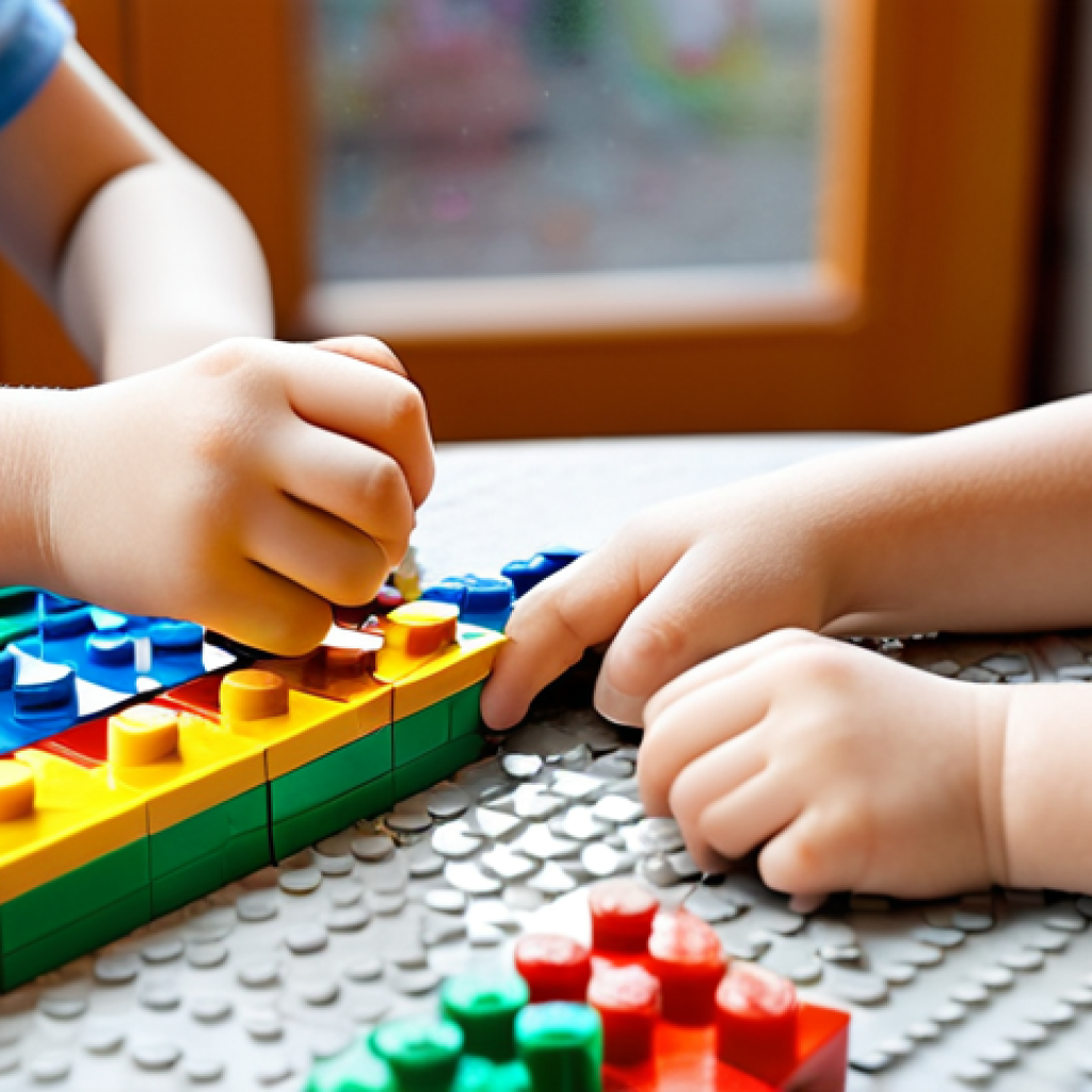 시크릿쥬쥬 레고 세트 - **Prompt:** A close-up, warm, and brightly lit image of two children, one around 6 years old and ano...