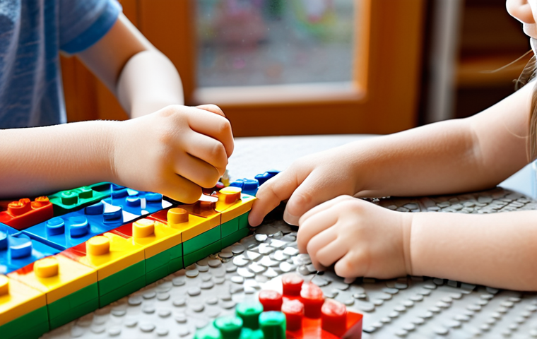 시크릿쥬쥬 레고 세트 - **Prompt:** A close-up, warm, and brightly lit image of two children, one around 6 years old and ano...